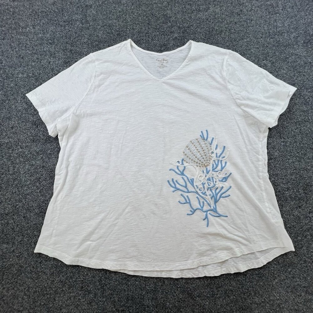 Coral Bay‎ Woman 3X White Slub V-Neck Tee Blue Coral Embroidery Cotton Top